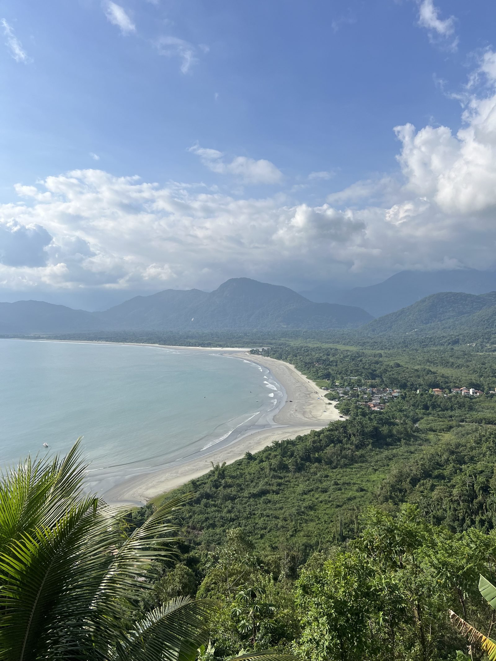 Vista do alto da enseada da Almada com a Serra do Mar ao fundo, norte de Ubatuba