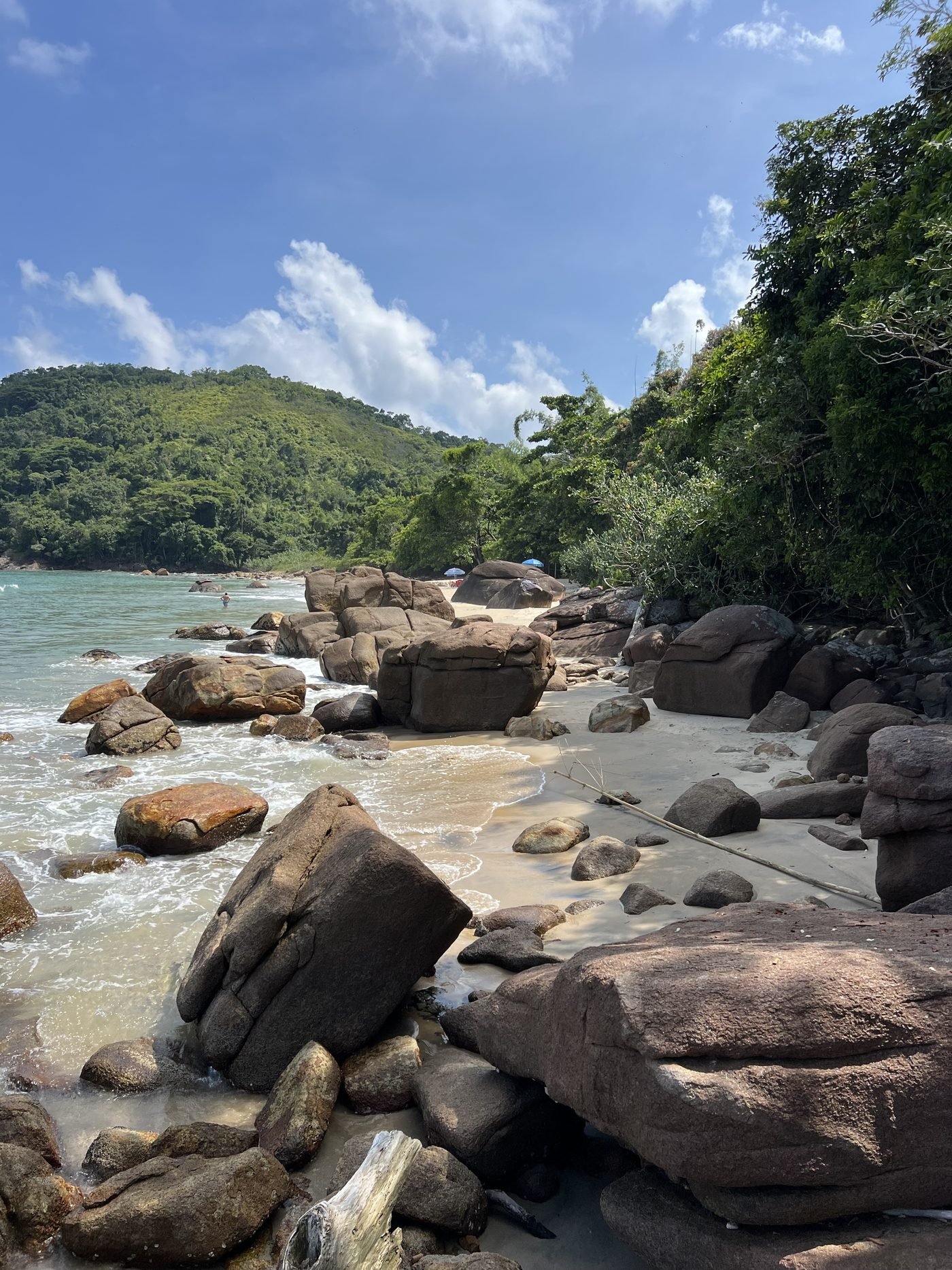 Pedras grandes na areia da Praia do Léo com a mata e o morro ao fundo