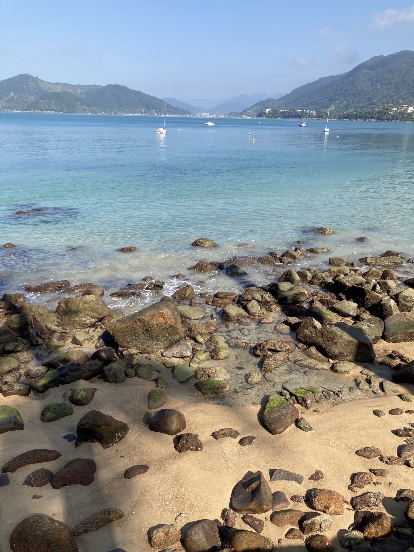 Veleiros fundeados no mar calmo da Praia da Enseada, com a serra ao fundo