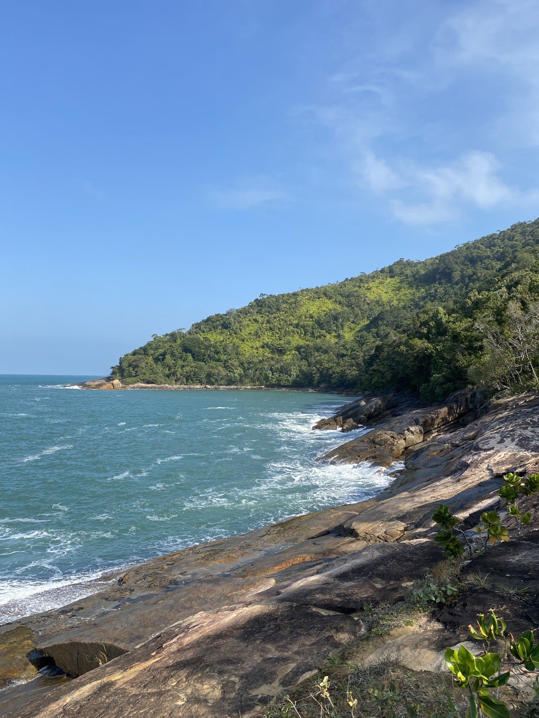 Costão de pedra e mar azul em Ubatuba