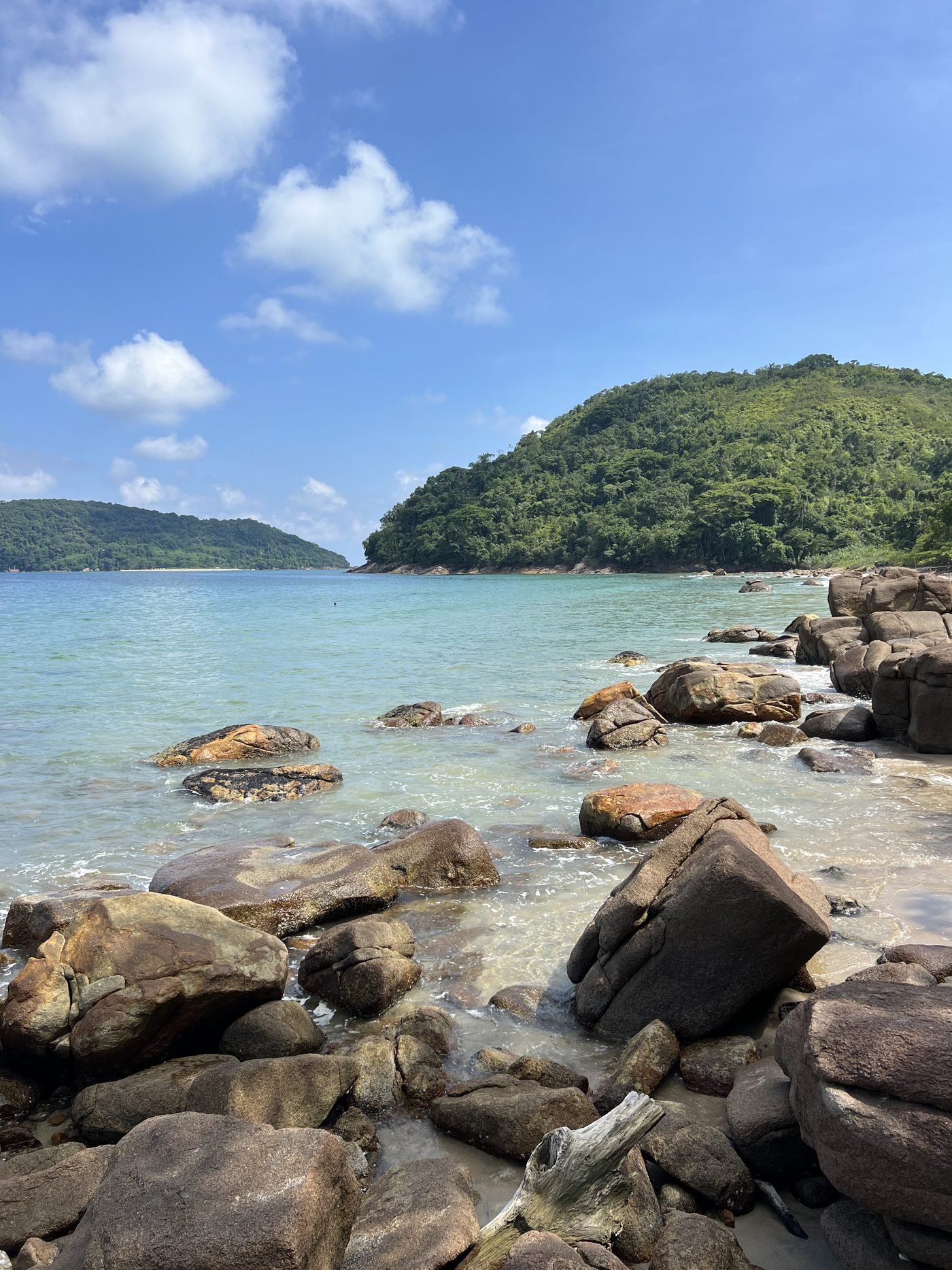 Costão de pedras e ilha de mata na Praia do Léo, em Ubatuba