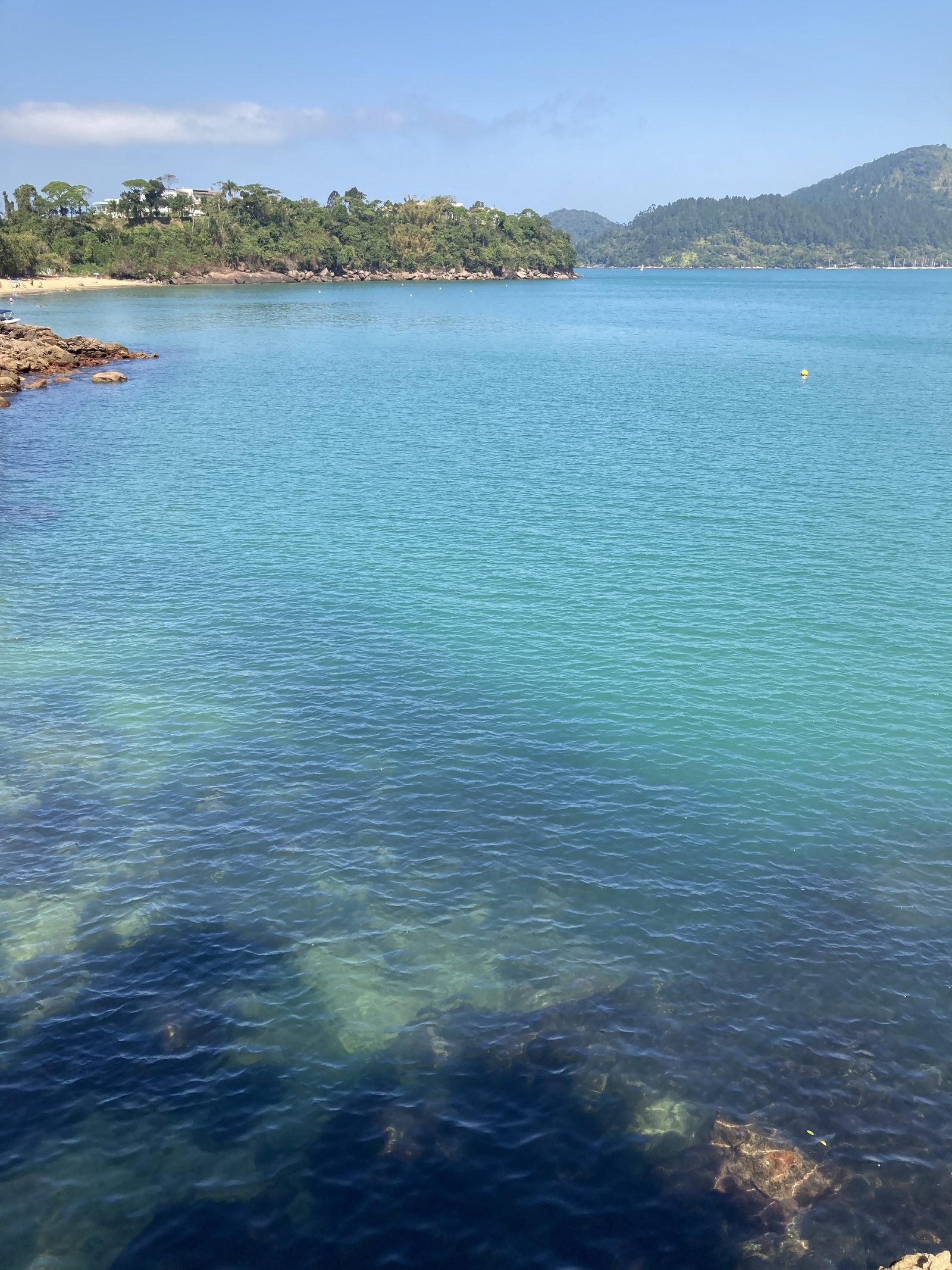 Mar calmo e transparente na Praia da Santa Rita, em Ubatuba, com uma ilha de mata ao fundo